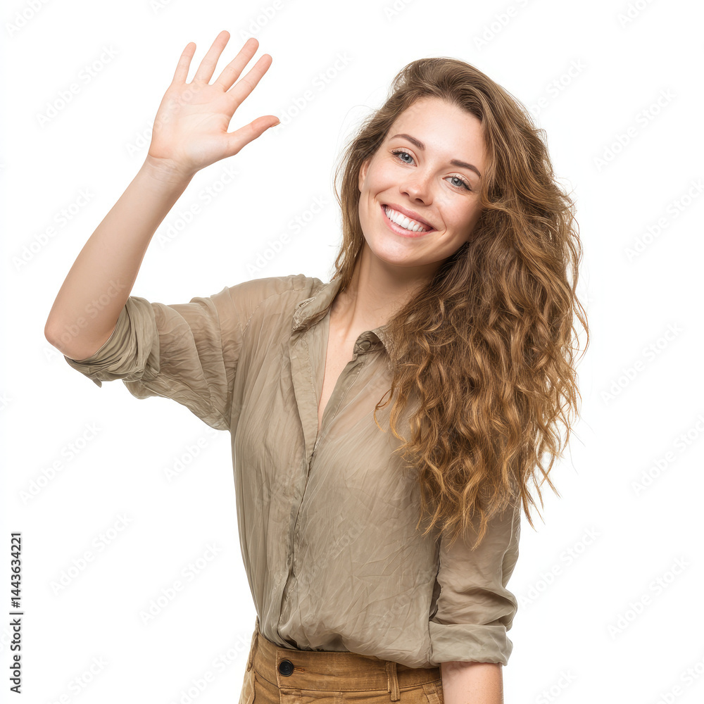 Smiling woman waving hello Smiling woman waving hello