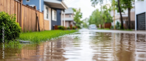 Flooded street after rain reflective houses and nature disaster