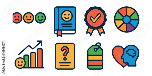 Flat vector icons of emotional awareness tools: mood tracker emoji scale, emotion journal icon, daily check-in badge, feelings wheel symbol, emotional balance chart, reflective question card,
