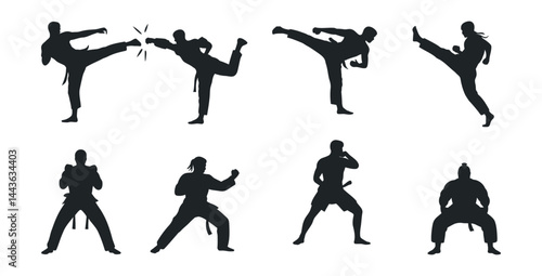 Set Of Karate Silhouettes Martial Arts Poses Vector Illustration For Sport Clubs Training Concepts Demonstrating Various Kicks And Defensive Techniques