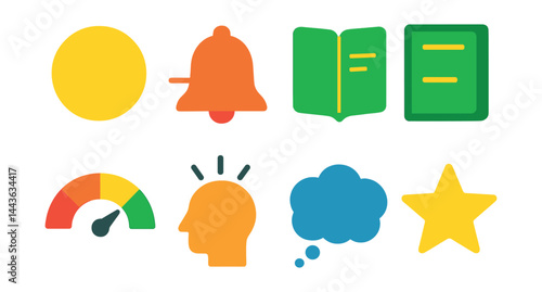 Flat vector icons of daily mental check-in: morning mood dot, mid-day reset icon, evening journal note, how are you meter, daily energy scan, mindful moment tracker, thought bubble icon, day rating