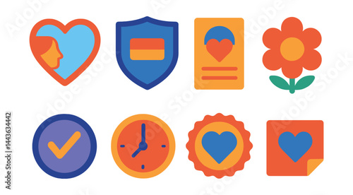 Flat vector icons of self-love and self-respect: heart mirror icon, personal boundaries shield, self-care Sunday card, inner peace flower, self-trust symbol, take time for you clock, respect your