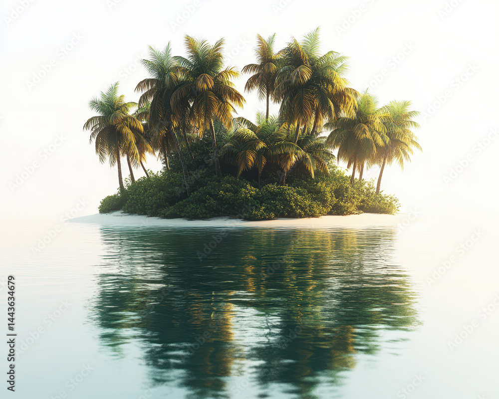 Idyllic Tropical Island with Palm Trees and Calm Water Reflection on White Background