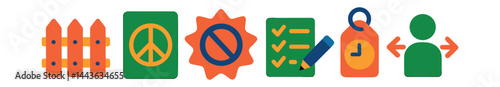 Flat vector icons of affirming boundaries and saying no: boundary fence icon, protect my peace card, respectful no badge, energy limit bar, boundary setting checklist, speak up icon, time respect tag
