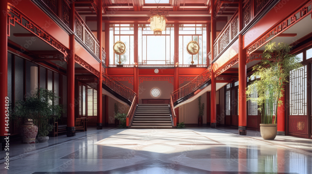 Harmony in Form: Modern Chinese Style Office with Bright Lobby and Elegant Stairs