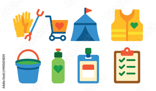 Flat vector icons of volunteer tools and equipment: gloves and grabber, donation cart, event tent icon, safety vest badge, cleanup bucket, reusable water bottle, name tag sticker, clipboard with