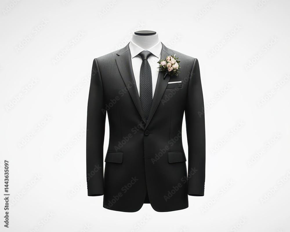 Elegant Black Suit with Tie and Floral Boutonniere on White Background for Formal Occasions and Weddings