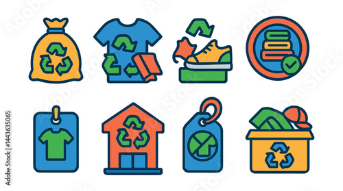 Flat vector icons of textile and clothing recycling: clothing donation bag, fabric scrap reuse icon, shoes recycling box, textile sorting badge, secondhand label, fabric recovery center, no landfill
