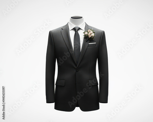 Obraz na płótnie Elegant Black Suit with Tie and Floral Boutonniere on White Background for Formal Occasions and Weddings w salonie