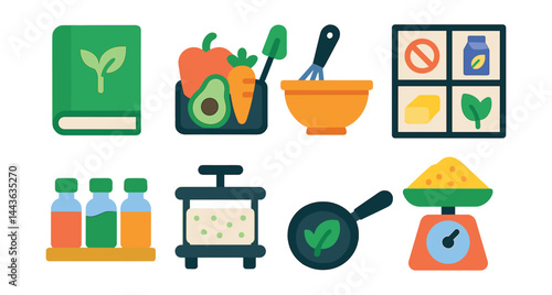 Flat vector icons of vegan cooking: recipe book icon, plant-based ingredients tray, vegan baking tools, dairy-free substitute chart, spice rack icon, tofu press symbol, eco-friendly cookware, kitchen