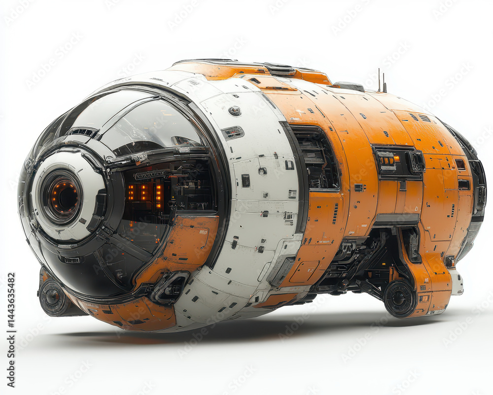futuristic spacecraft isolated on white background showcasing intricate design and vibrant orange accents futuristic spacecraft isolated on white background showcasing intricate design and vibrant orange accents