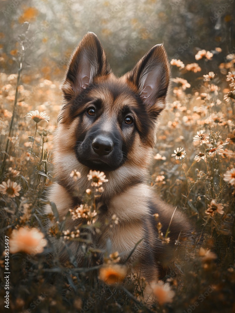 Ultra-realistic image of a german shepherd puppy, in a flower meadow. He looks sweetly into the camera Ultra-realistic image of a german shepherd puppy, in a flower meadow. He looks sweetly into the camera