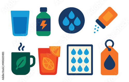 Flat vector icons of hydration on keto: glass of water icon, electrolytes bottle, mineral drops badge, salt shot symbol, herbal tea mug, lemon water icon, hydration tracker sheet, refill reminder tag