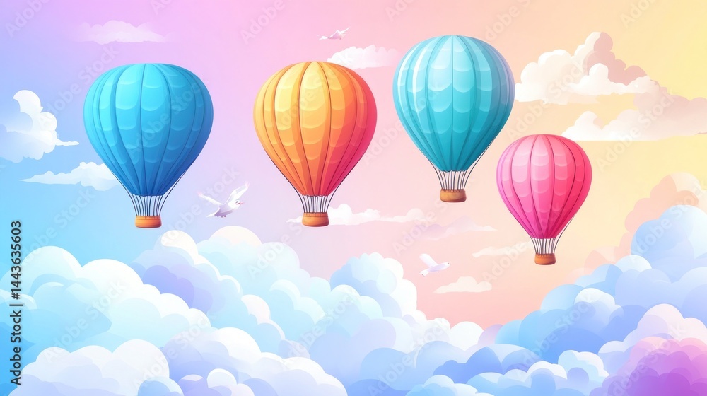 Obraz premium Colorful hot air balloons floating in a pastel sky with clouds