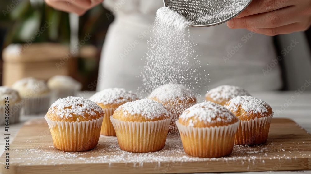 Snowfall of Sweetness: Woman Dusting Muffins with Powdered Sugar