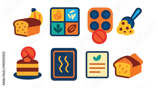 Flat vector icons of gluten-free baking: banana bread symbol, flour substitute chart, no-wheat muffin tray, cookie dough with scoop, gluten-free cake icon, non-stick baking mat, ingredient label card