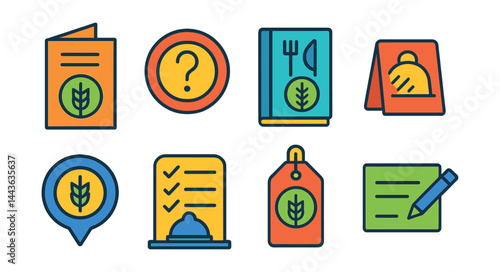 Flat vector icons of eating out gluten-free: menu with gluten-free icon, ask about cross-contamination badge, gluten-free restaurant guide, table card request icon, ingredient clarification bubble,