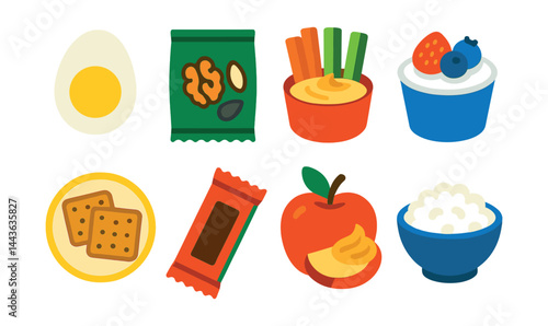 Flat vector icons of diabetes snack ideas: boiled egg icon, nut and seed mix bag, veggie sticks and hummus, Greek yogurt with berries, whole grain crackers badge, sugar-free protein bar, small apple