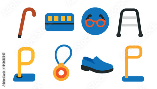 Flat vector icons of elderly daily support: walking cane icon, medication organizer, mobility aid walker, reading glasses badge, support handle in bathroom, emergency button necklace, comfortable