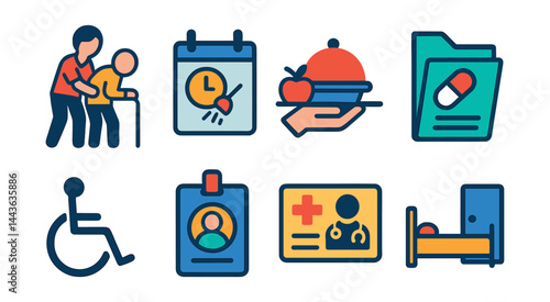 Flat vector icons of assisted living services: caregiver helping icon, daily hygiene schedule, meal delivery tray, medication support file, mobility assistance symbol, resident badge, medical