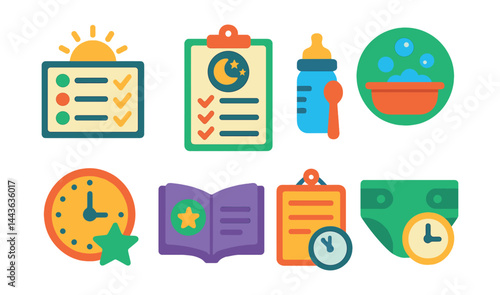 Flat vector icons of daily routines: morning routine chart, bedtime checklist, feeding time icon, bath time symbol, playtime schedule badge, story time book, nap schedule board, diaper change timer.