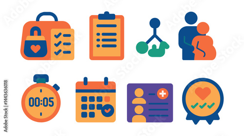 Flat vector icons of birth planning and prep: hospital bag checklist, birth plan sheet, delivery method chart, support person icon, contraction timer, maternity leave calendar, emergency contacts