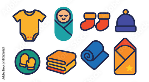Flat vector icons of newborn essentials: baby onesie icon, swaddle wrap, soft booties pair, newborn hat, cotton mittens badge, baby blanket stack, receiving blanket roll, baby towel with hood.
