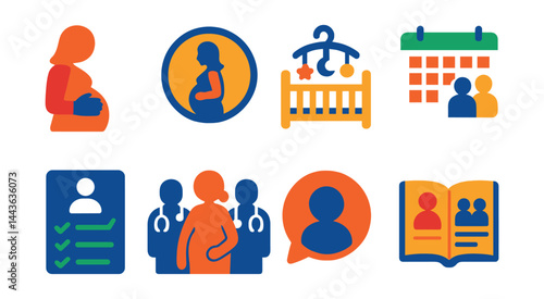Flat vector icons of partner and family involvement: partner hand on belly, birth class badge, nursery setup icon, family calendar plan, partner checklist card, prenatal team icon, support bubble