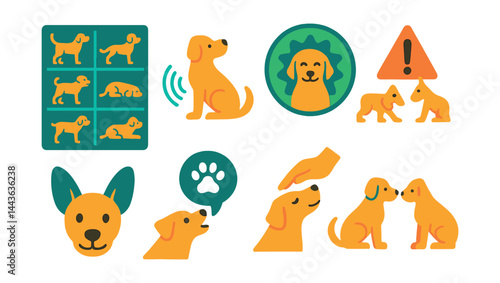 Flat vector icons of pet communication: body language chart, tail wag signals, calming behavior badge, stress warning signs, happy ears symbol, vocalizations icon, comfort gestures, social