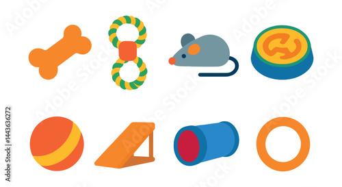 Flat vector icons of pet toys and fun: squeaky bone toy, rope tug icon, mouse toy for cat, interactive puzzle bowl, bouncing ball, climbing ramp, play tunnel tube, chew ring.
