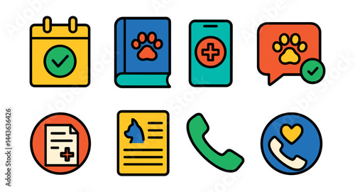 Flat vector icons of vet-client communication: appointment reminder card, pet health record book, mobile vet app icon, follow-up message icon, report printout badge, clinic info sheet, contact phone