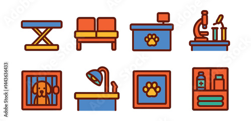 Flat vector icons of veterinary clinic rooms: exam table icon, waiting room bench, reception desk, lab test area, kennel unit, surgery prep room, observation window, clean supply closet.