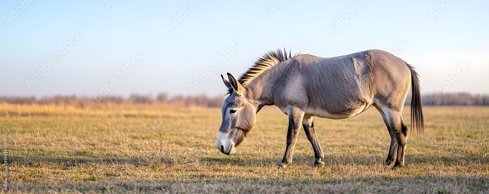 Fototapeta premium Single donkey grazes in a large open field at dusk
