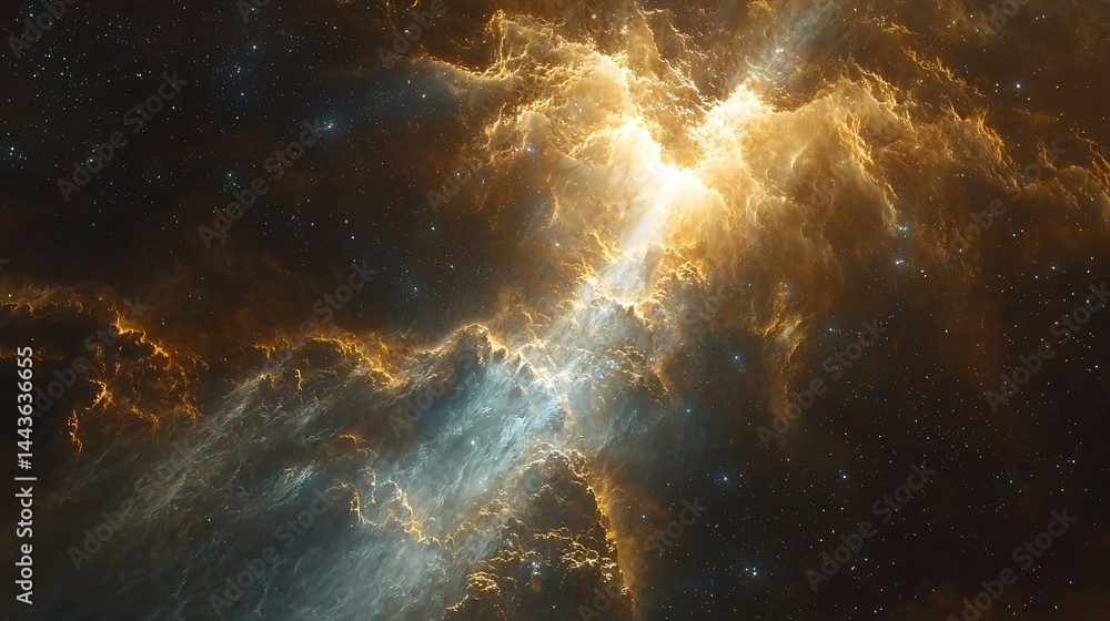 Fototapeta premium Stunning nebula with vibrant colors and cosmic elements captured in a detailed zoom-in spotlight effect of the galactic core