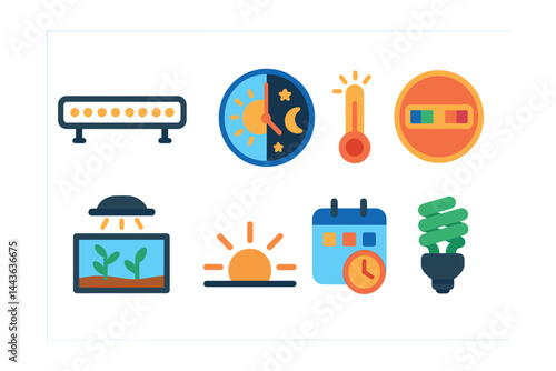 Flat vector icons of lighting and timers: LED light bar, day/night cycle timer, light intensity scale, spectrum control badge, planted tank mode, sunrise effect icon, lighting schedule planner, power