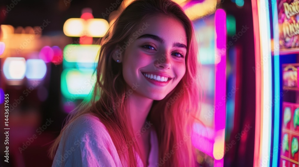 A young woman smiles brightly while standing in front of colorful slot machines. The vibrant neon lights create a lively atmosphere. This image captures joy and excitement in a casino setting. AI A young woman smiles brightly while standing in front of colorful slot machines. The vibrant neon lights create a lively atmosphere. This image captures joy and excitement in a casino setting. AI