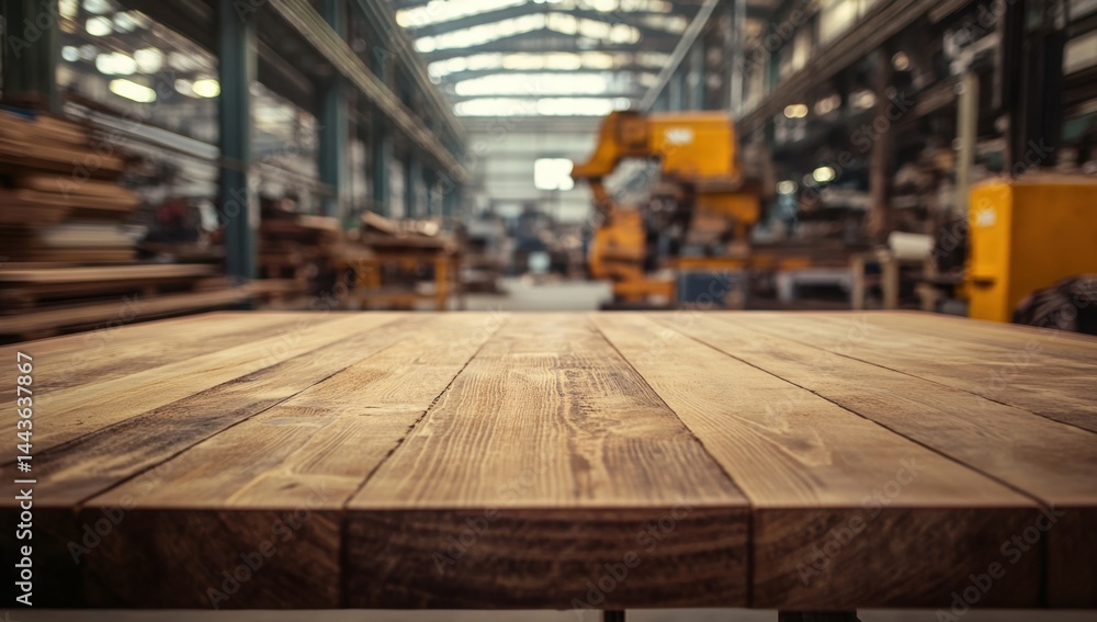 Rustic Wooden Table Top in a Busy Factory Rustic Wooden Table Top in a Busy Factory