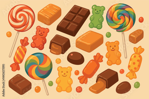 Bunch of candy and lollipops are shown in a pattern