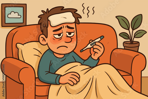Man is sitting on a couch with a fever