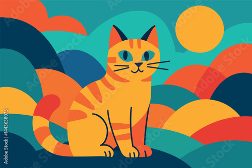 Cat is sitting on a hillside