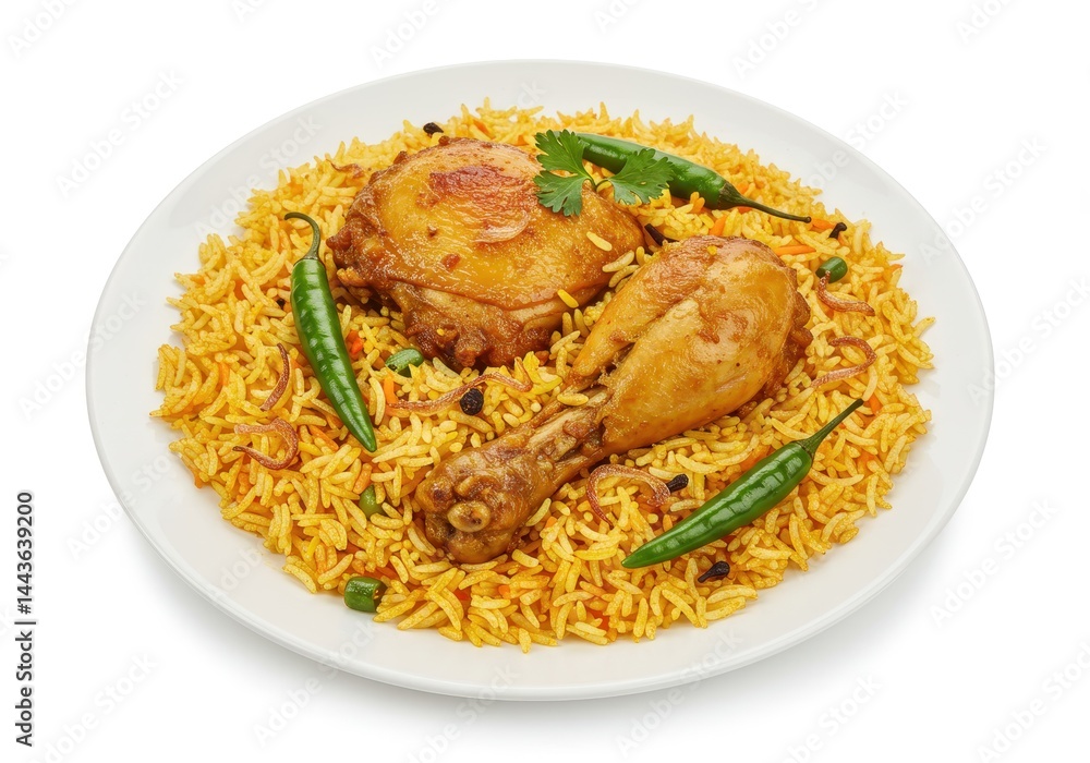 Chicken biryani dish with rice and green chilies served on a plate Chicken biryani dish with rice and green chilies served on a plate
