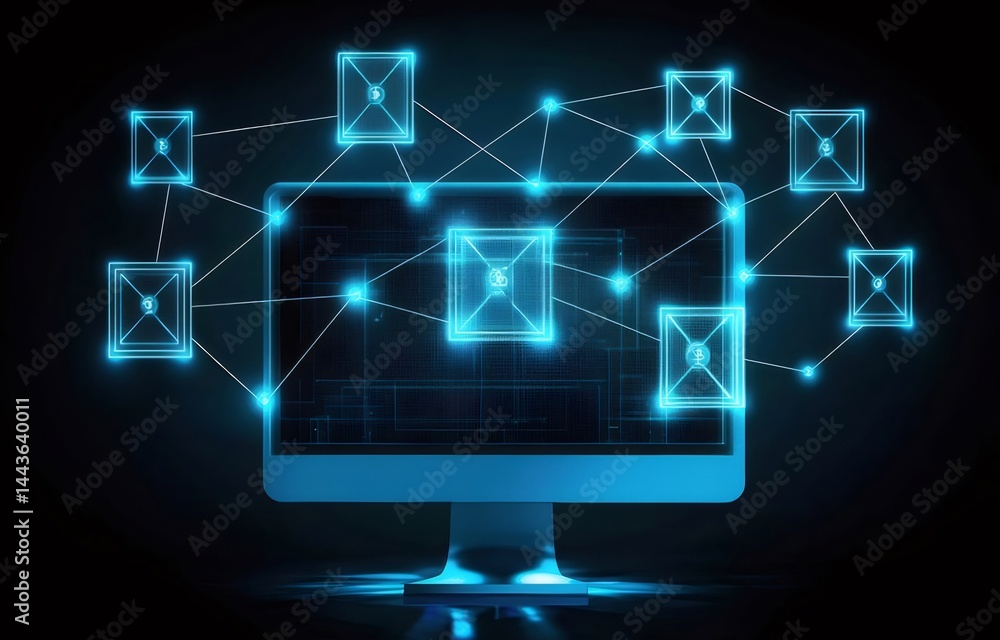 暗い背景に光るデジタルネットワーク接続のコンピューター画面とアイコン表示 青い光と未来的な雰囲気 暗い背景に光るデジタルネットワーク接続のコンピューター画面とアイコン表示 青い光と未来的な雰囲気