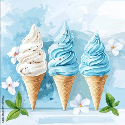 Delicious vanilla and blue ice cream cones with flowers and leaves