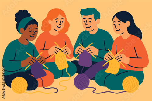 Group of people are sitting together and knitting