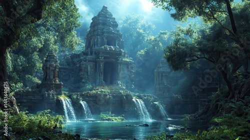 Fototapeta Naklejka Na Ścianę i Meble -  Ancient temple ruins in lush jungle with waterfalls and mystical light
