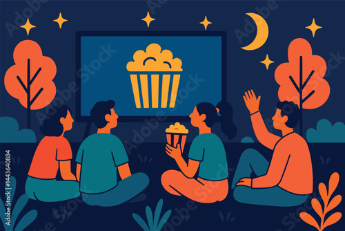 Group of people are sitting in a park and watching a movie on a screen