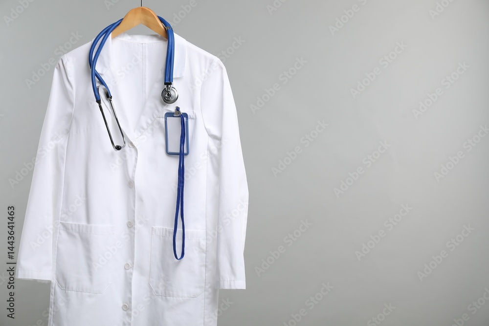 Doctor's coat with stethoscope and badge on hanger against grey background. Space for text Doctor's coat with stethoscope and badge on hanger against grey background. Space for text