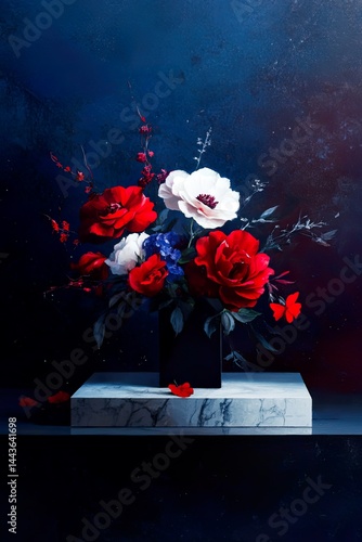 Vibrant red and white flowers in black vase against dark blue background