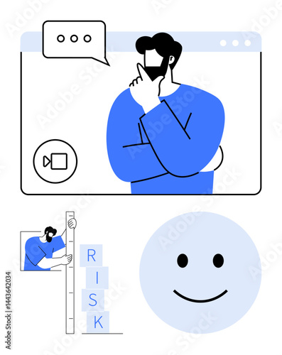 Person considering ideas in an online meeting with video call interface, assessing blocks labeled RISK, and a smiling face. Ideal for communication, teamwork, risk management, strategy, analysis