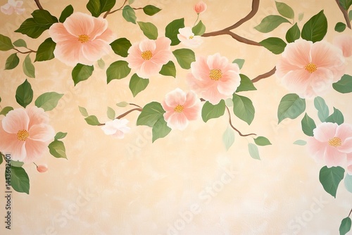 Elegant peach blossoms on branches with green leaves against soft background